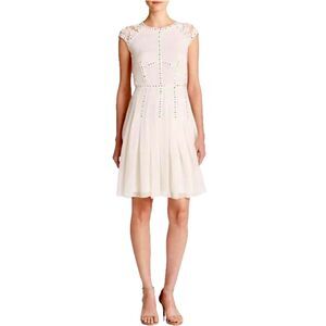 REBECCA TAYLOR "Charlotte" Cream Silk Studded Lace Cocktail Mini-Midi Dress Sz 8
